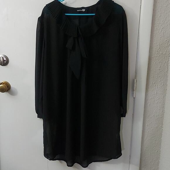 BooHoo Black Bow Sheer Dress  Poet Shirt 12  Classic Coquette Girl Minimalist - Picture 1 of 8